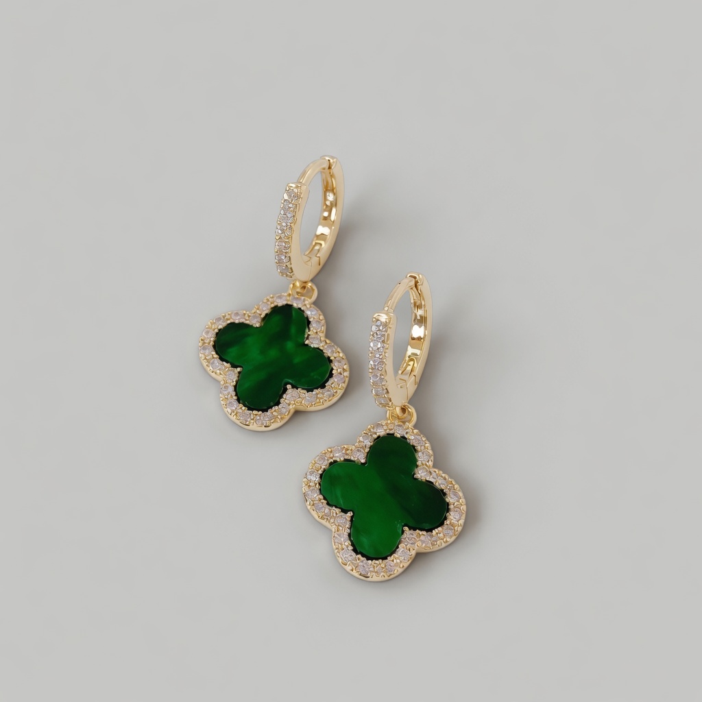 2K-GREEN-EARRINGS (1) AIRALOVE 4 Leaf Clover Dangle Huggie Earrings - gold hoop with green crystal clover charm